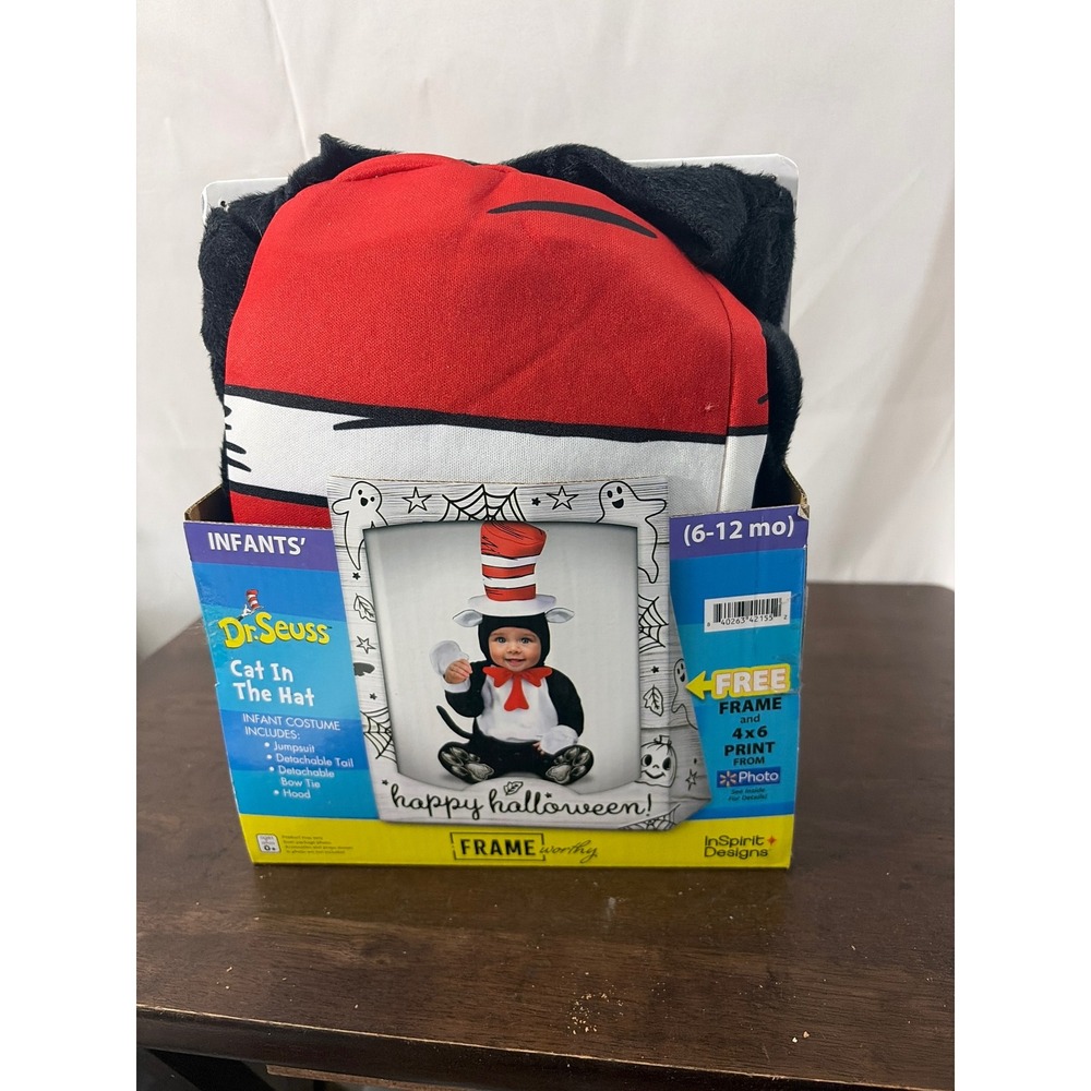 Dr. Seuss Cat In The Hat Infant Costume 6-12M Black Red NEW Jumpsuit Hood Tail